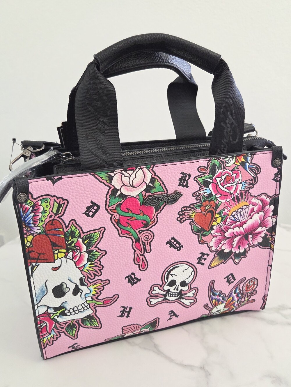 Ed Hardy Y2K Pink Vegan Leather Mini Tote Bag Skull & Rose Art